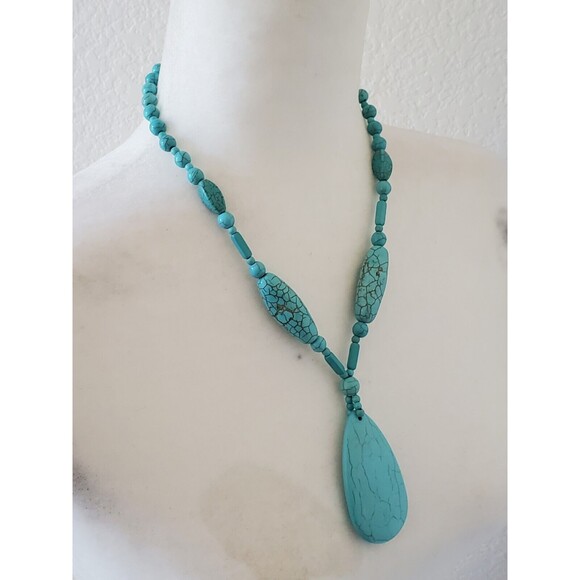 Southwestern Turquoise Stone Necklace 17 inch Long Polished Bead Pendant Howlite - Picture 1 of 6